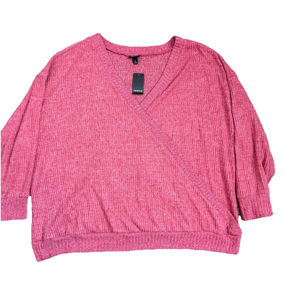 NWT Torrid Womens 4X Surplice Faux Wrap Top Red Brushed Waffle Knit - Picture 1 of 9